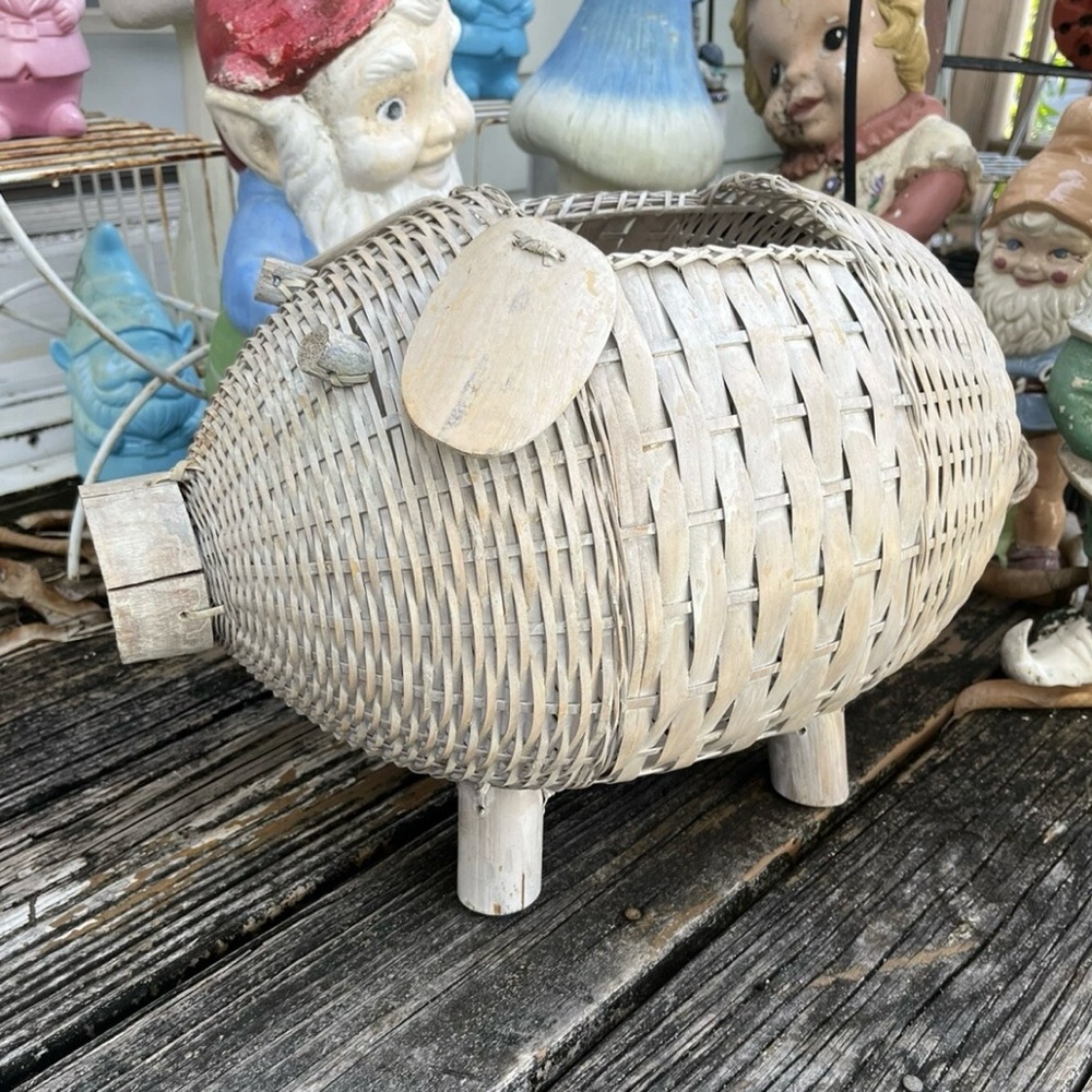 Gray Pig Wicker Basket Planter Large Hand Woven MCM Mid Century Vintage 50s 60s
